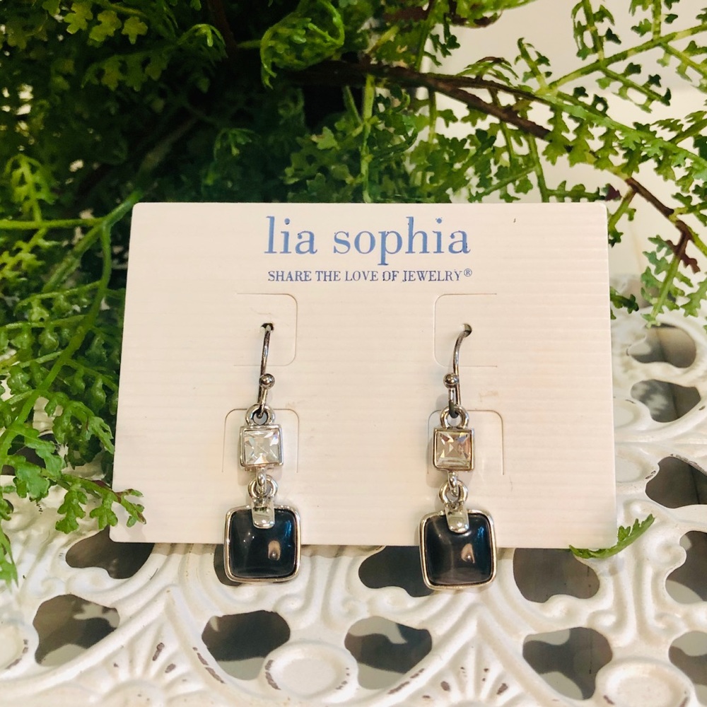 SOLD Lia Sophia silver drop earrings rhinestone w/black